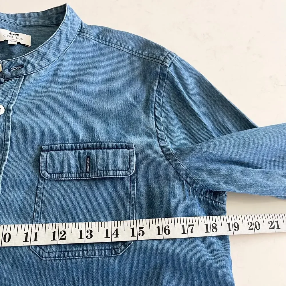 Cyrillus boys blue chambray denim mandarin collar long sleeve button up shirt - Picture 3 of 6